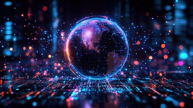 Globe with bright interconnected lights and circuitry background