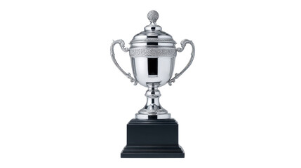 Fototapeta premium Silver trophy cup with ornate handles and decorative lid, standing on black base, symbolizing achievement, success, and celebration in competitions or awards ceremonies