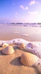 Obraz premium Ethereal Beach Scene: Scallop Shells Washed by Seafoam Against a Lavender Sunset Sky