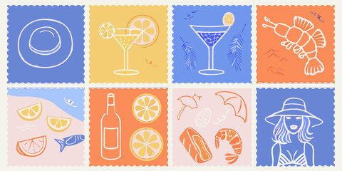 Collage of summer vacation icons including cocktails seafood fruit beach scenes and a woman in a hat