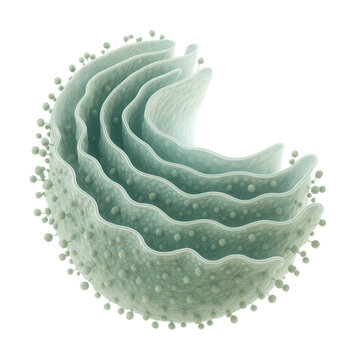Layered cisternae of rough endoplasmic reticulum with ribosome presence.