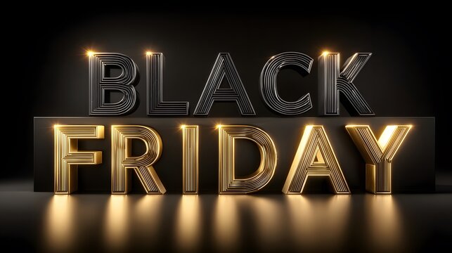 Black Friday promotional text in bold, stylized letters, featuring a mix of black and gold colors, illuminated against a dark background, creating an eye-catching festive atmosphere