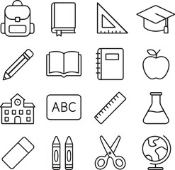 Vector monochrome line icon set about school