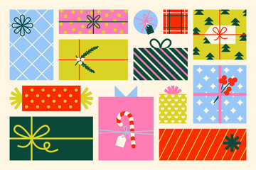 Christmas present boxes. Cartoon gift packaging with bows and ribbons, New Year holiday surprise decoration wrapping, colorful winter celebration ornaments. Vector set