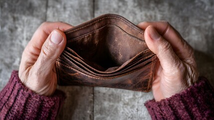 Elderly woman holding an empty leather wallet with worn texture, showcasing financial struggle and economic hardship in a rustic environment with wooden background