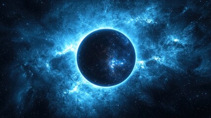 Fototapeta premium Glowing planet surrounded by swirling nebula and stars, deep blue color scheme
