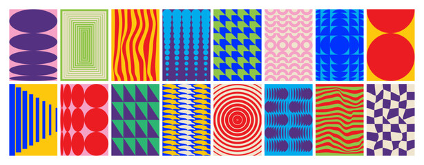 Abstract geometric posters. Minimal geometry backgrounds with modern simple basic shapes and forms, contemporary art print bauhaus swiss style. Vector banners set