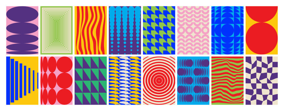 Abstract geometric posters. Minimal geometry backgrounds with modern simple basic shapes and forms, contemporary art print bauhaus swiss style. Vector banners set