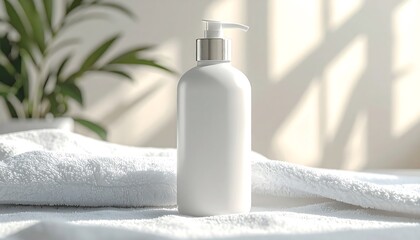 Elegant White Lotion Bottle on Towel with Plant Backdrop.