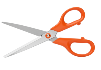 Orange handled scissors PNG isolated on transparent background, cutting tool for paper crafts and school projects