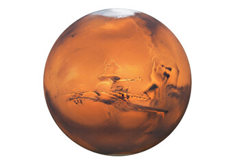 Detailed Mars planet isolated PNG, red planet with polar ice cap and surface features, celestial body for space exploration and science projects