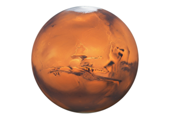 Detailed Mars planet isolated PNG, red planet with polar ice cap and surface features, celestial body for space exploration and science projects