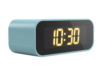 Modern teal digital alarm clock displaying 10 30 isolated PNG, minimalist design for bedroom decor and time management