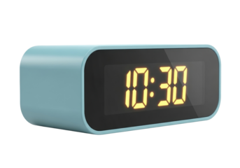 Modern teal digital alarm clock displaying 10 30 isolated PNG, minimalist design for bedroom decor and time management