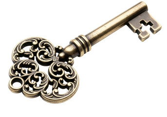 Ornate antique key PNG isolated on transparent background, vintage style golden metal skeleton key...