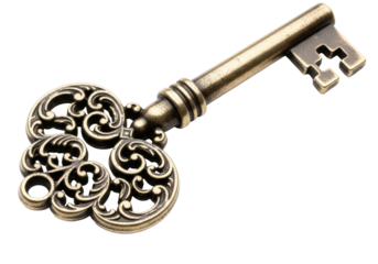 Ornate antique key PNG isolated on transparent background, vintage style golden metal skeleton key for design elements and security concepts