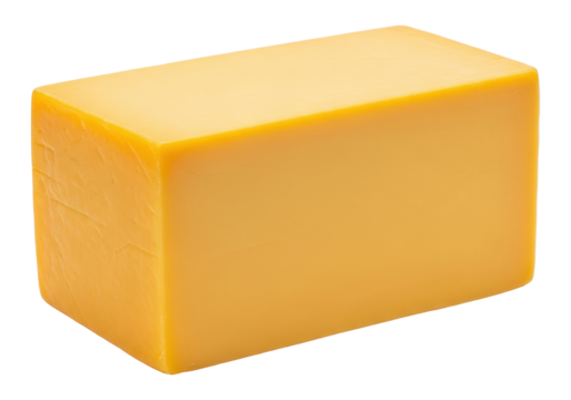 Block of cheddar cheese isolated PNG, dairy product for cooking and snacking, ingredient for sandwiches and cheese boards