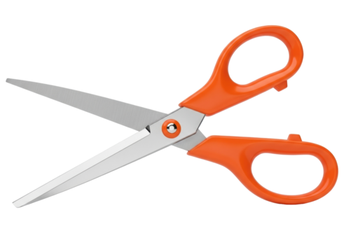Orange handled scissors PNG isolated on transparent background, cutting tool for paper crafts and school projects - Powered by Adobe
