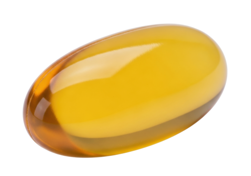 Yellow omega-3 fish oil capsule isolated PNG, dietary supplement for health and wellness on transparent background