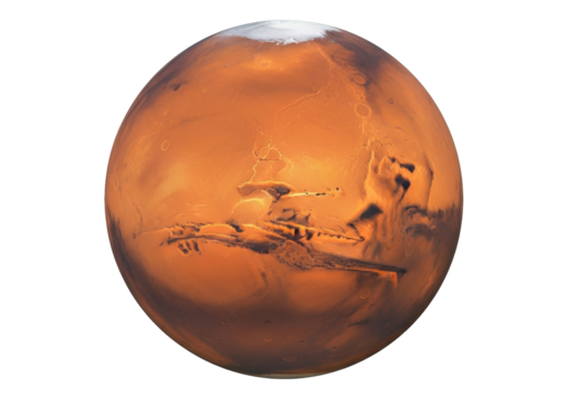 Detailed Mars planet isolated PNG, red planet with polar ice cap and surface features, celestial body for space exploration and science projects