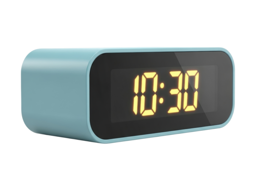 Modern teal digital alarm clock displaying 10 30 isolated PNG, minimalist design for bedroom decor and time management