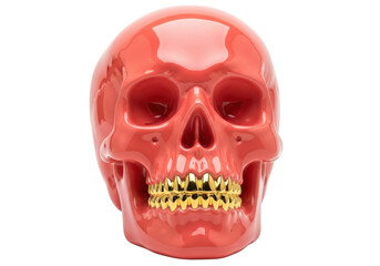 Red skull with gold teeth isolated PNG, glossy human cranium with golden dental implants on transparent background, Halloween