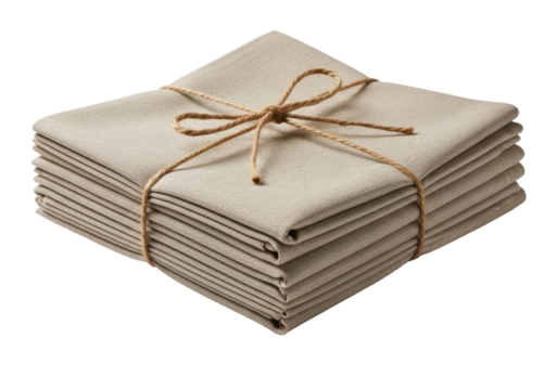 Stack of beige linen napkins tied with twine isolated on transparent background, rustic kitchen cloth for table setting PNG