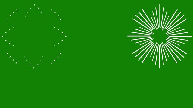 Circular geometric firework animation, glowing burst motion graphics,  shiny sparks and ellipse explosions, green background 4K seamless  loop.
