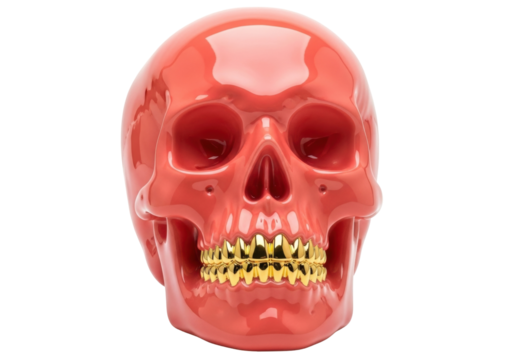Red skull with gold teeth isolated PNG, glossy human cranium with golden dental implants on transparent background, Halloween