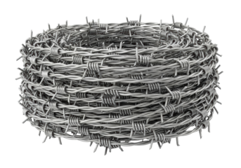 Roll of shiny barbed wire isolated PNG, sharp metal fence material on transparent background for security and protection concepts