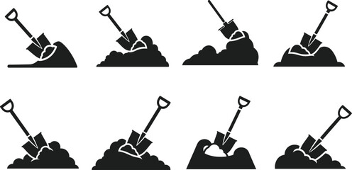PrintShovel in soil silhouette icons, digging tools, construction symbols, gardening equipment, excavation poses, manual labor, black vector illustrations © Md Shahedul