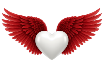 A bright white heart with vibrant red angel wings spread wide isolated on transparent background