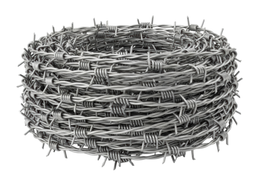 Roll of shiny barbed wire isolated PNG, sharp metal fence material on transparent background for security and protection concepts - Powered by Adobe