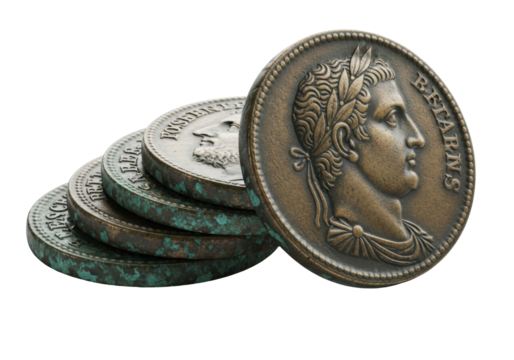 Antique bronze coins isolated PNG, stack of old money with portrait for numismatics and historical collection on transparent background