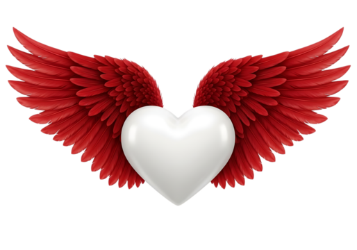 A bright white heart with vibrant red angel wings spread wide isolated on transparent background