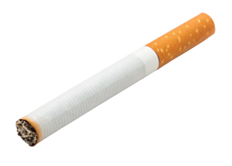 A lit cigarette with a filter, showing smoldering ash on the end isolated on a transparent background.