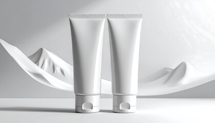Two white cosmetic tubes on a white background with fabric.