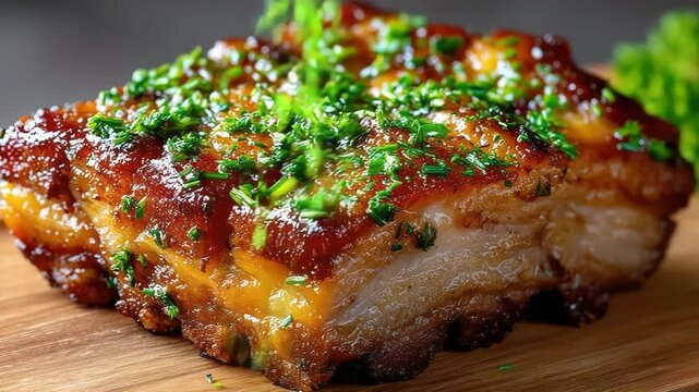 Succulent Norwegian ribbe with crispy crackling and aromatic herbs beautifully presented on a rustic wooden platter, a classic Christmas pork dish perfect for any festive gathering