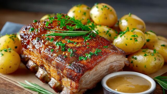 Roasted Norwegian pork ribs, known as ribbe, present a traditional Christmas dish with crispy skin, fresh rosemary, chives, small potatoes, and a side of yellow sauce