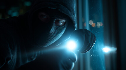 A shadowy intruder approaching a house at night, captured in a tense, cinematic moment that conveys danger, suspense, and the threat of a break-in.