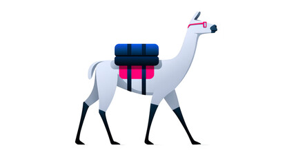 Obraz premium Llama wearing glasses and carrying colorful luggage, modern flat illustration, travel and adventure concept, cheerful and quirky animal character, isolated on transparency background