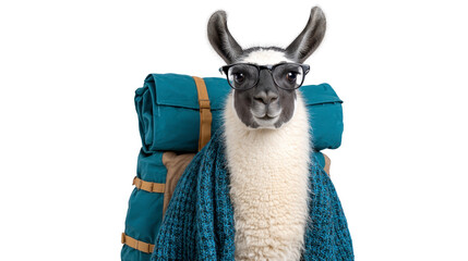 Obraz premium Llama wearing sunglasses and blue blanket with large hiking backpack, isolated on transparency background, humorous and adventurous animal portrait, travel and exploration concept