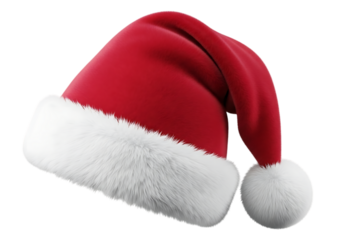 Classic red santa claus hat with white fur trim and pom pom isolated on transparent background