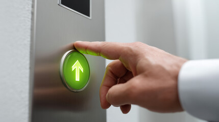 Close-up of a hand pressing the up button on an elevator panel, showing modern metallic surface, soft lighting, and a clean, minimalistic environment suitable for business or technology themes.