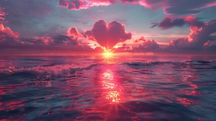 Sunset Over The Ocean With Heart Shaped Clouds Reflected In Water