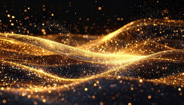 Abstract golden waves with shimmering particles on a dark background