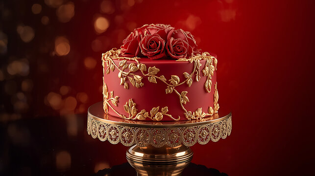 luxurious celebration cake with red icing, gold piping, and bokeh festive background