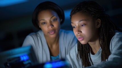 Two women closely examining a computer screen, focused and engaged in the task at hand