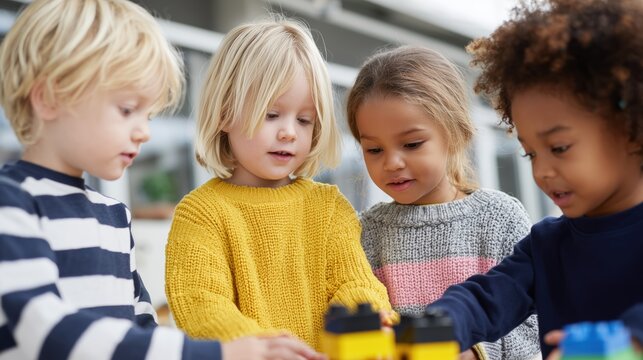 Four diverse children play with toy blocks, building and having fun. The children are focused and working together, demonstrating collaboration