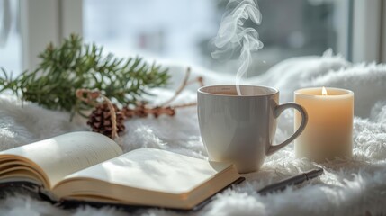 Cozy Winter Morning with Coffee and Book on Bed